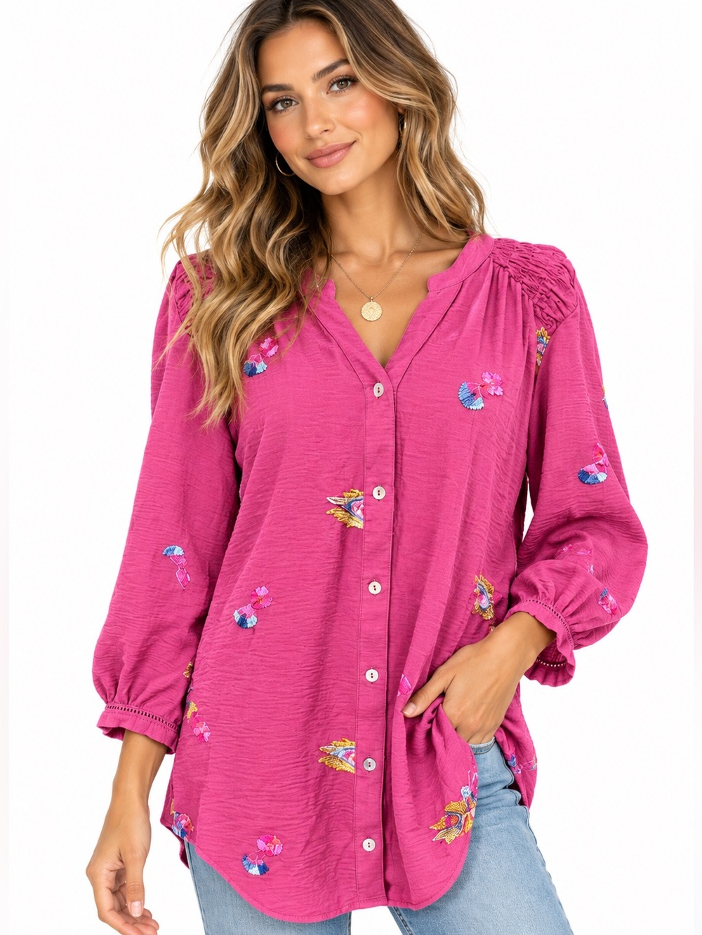 Figueroa & Flower Button-Down Embroidered Boho Blouse Magenta